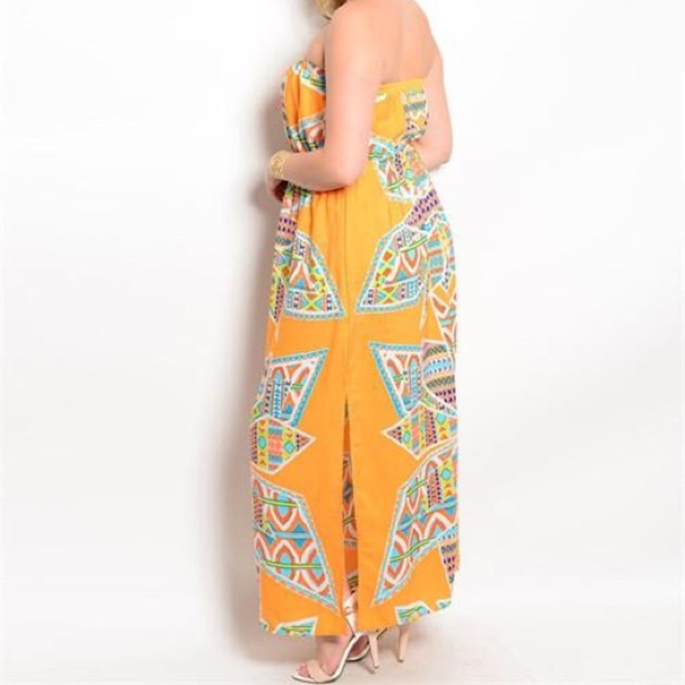 Plus Size Orange Tribal Geo Print Strapless Maxi